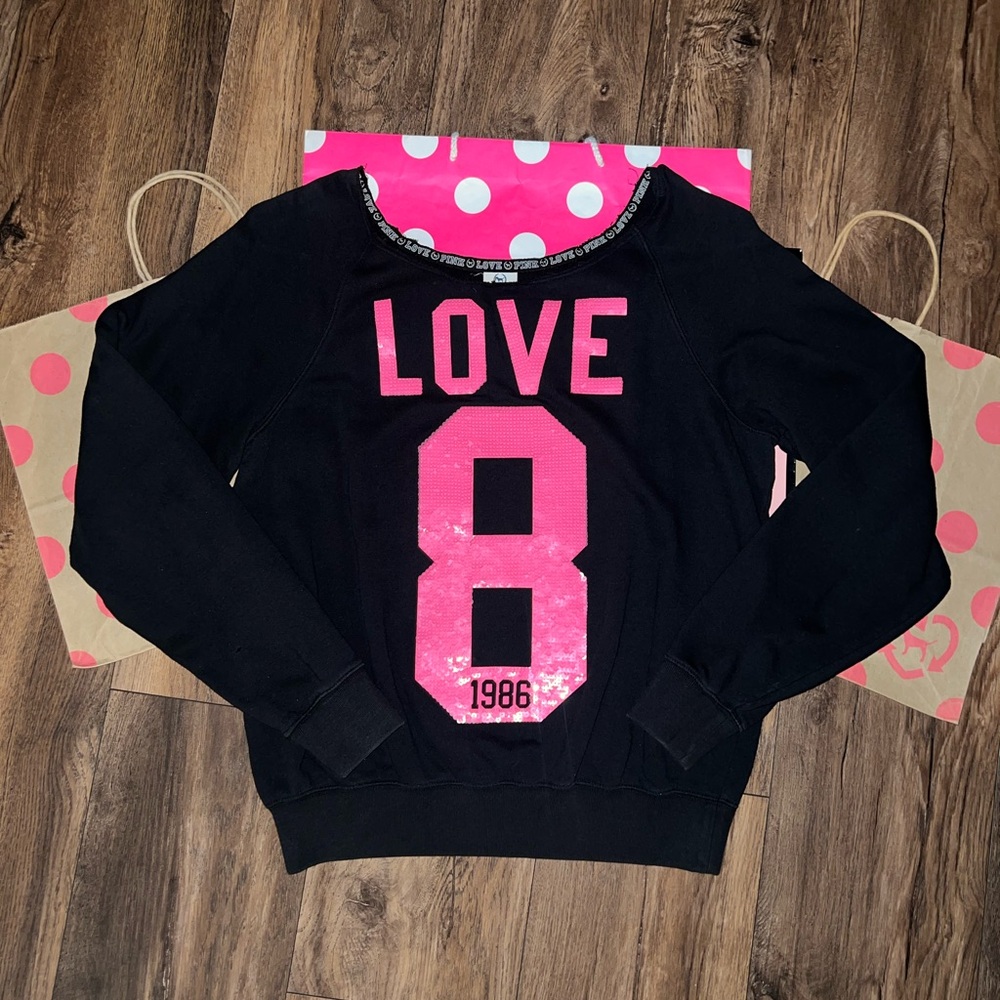 VS PINK Size SMALL Vintage Rare HTF Hot Pink Mega Bling 86 Off Shoulder Crew.